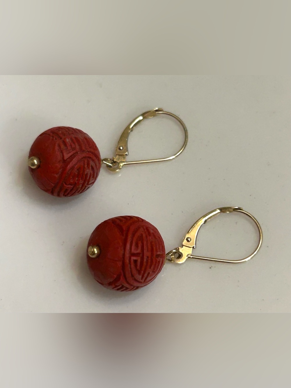 Vtg 14k Gold Carved cinnabar ball  drop earrings